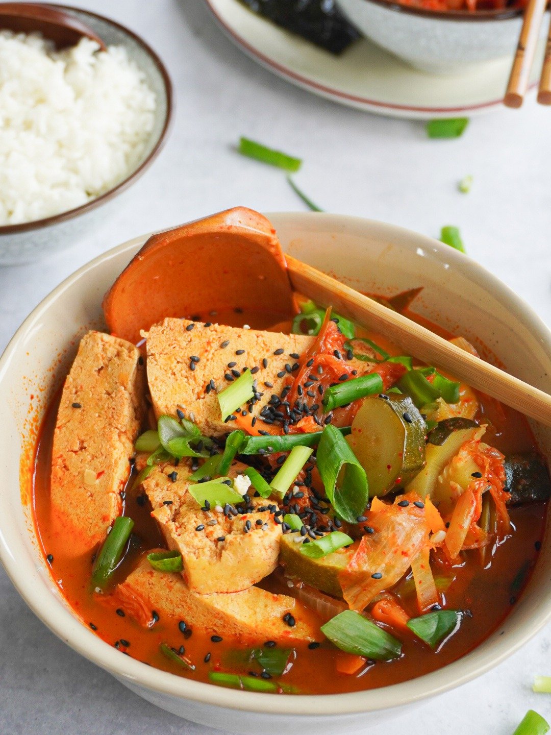 Prepared with soul-comforting ingredients such as kimchi, tofu, vegetables, and burning spices including ginger and hot pepper, this stew ticks many boxes during the cold season, as well as being vegan friendly.  