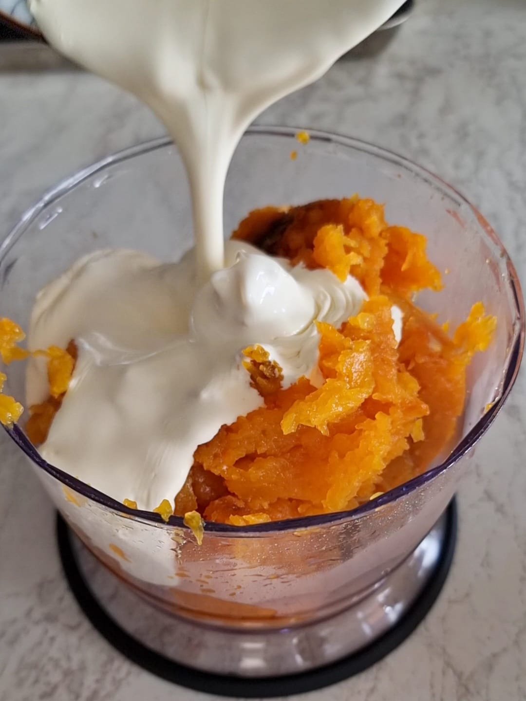 Blend together 2 cups of butternut squash flesh with the double cream.  You can use single cream if you prefer. 