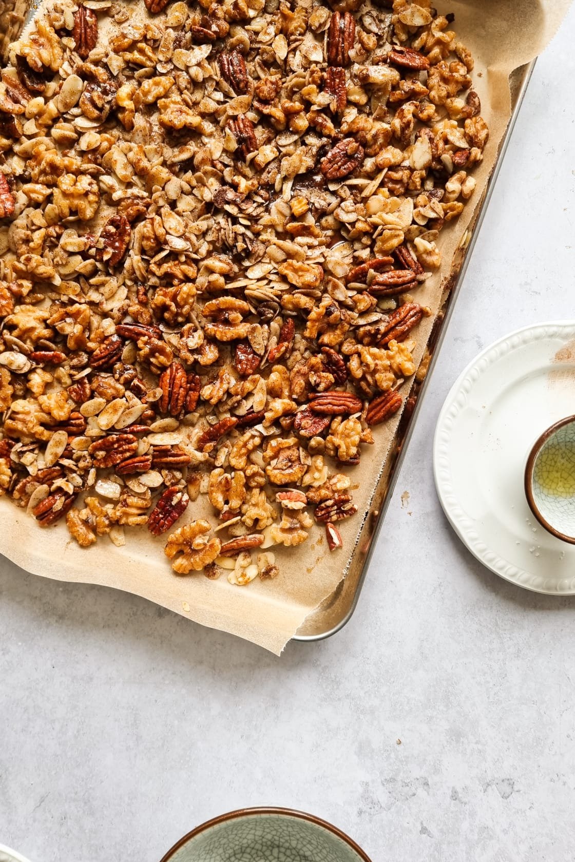 Mixed pecans, walnuts and almond flakes topped with maple syrup, melted butter and several seasonings.