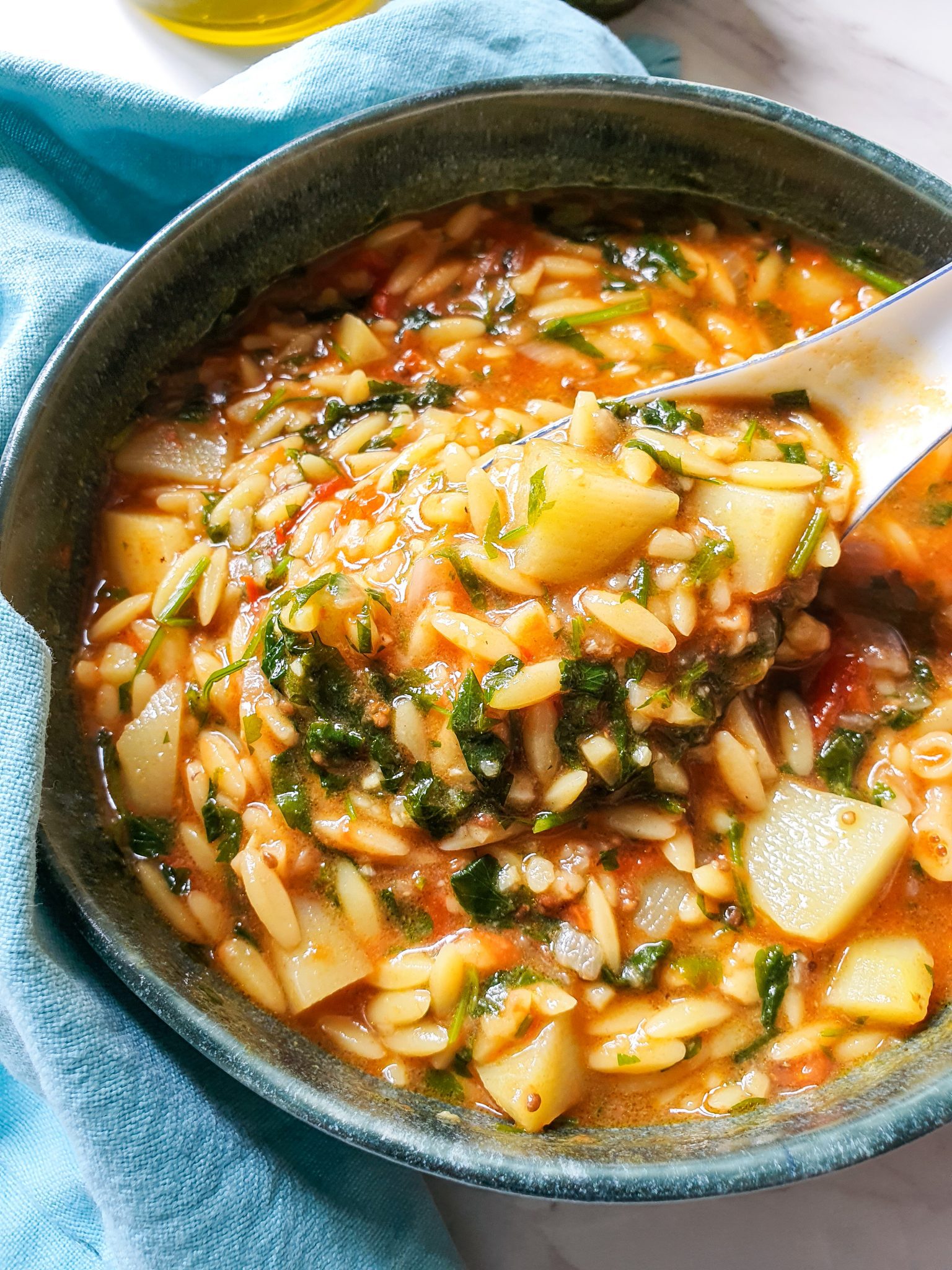 Caramelised Red Onion and Cherry Tomato Orzo Soup (Birds Tongue Soup