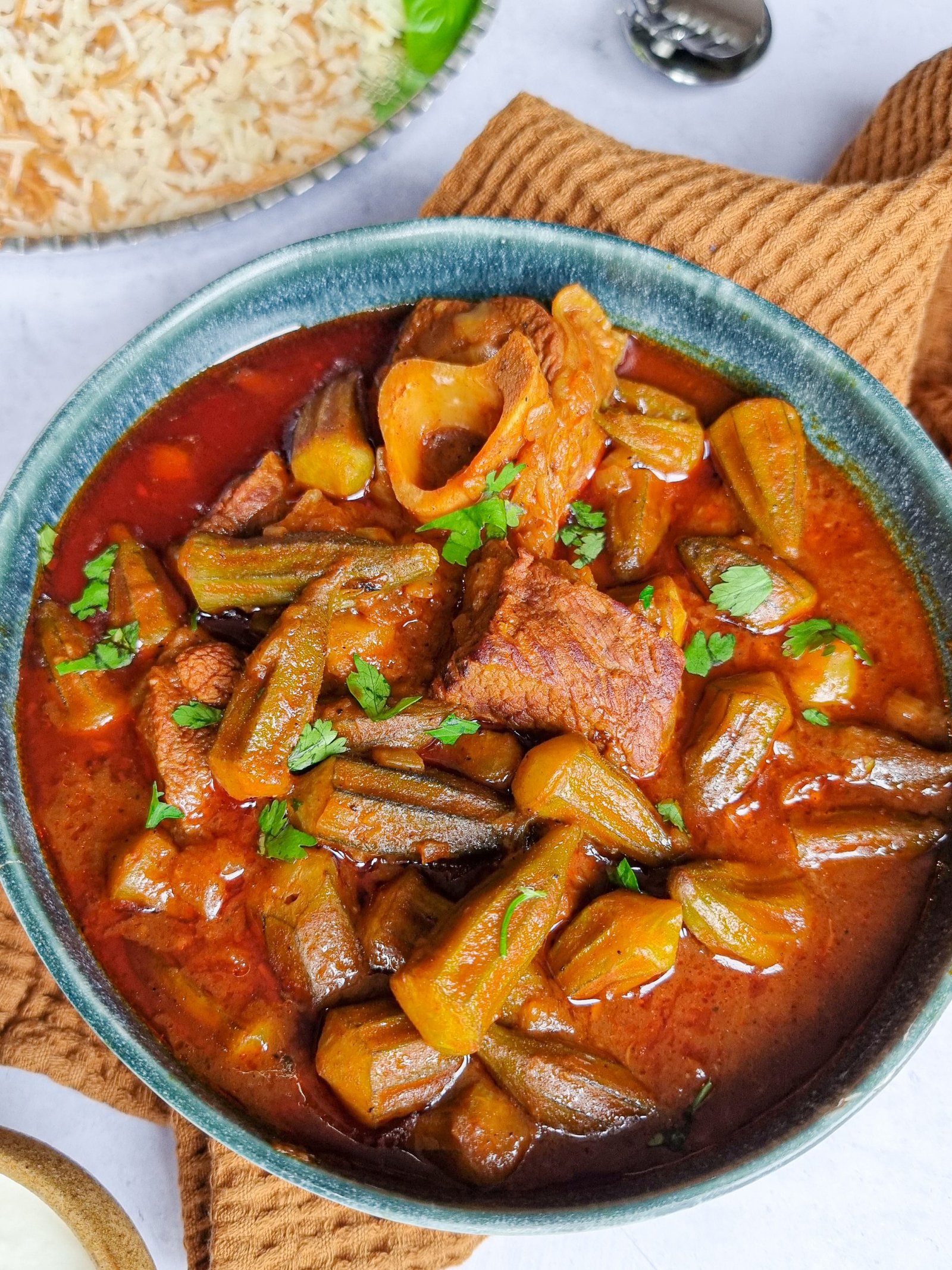Bamya (Okra Stew) with tomato sauce and meat chunks