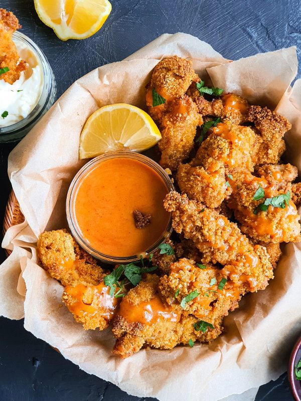 Baked Chicken Goujons with Honey Mustard Siracha Sauce PEANUTSWIRLS