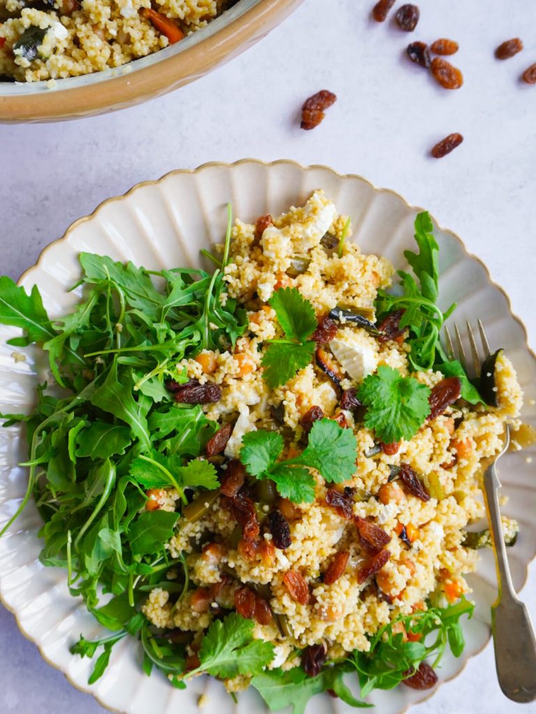 Roasted Vegetable Chickpea Couscous Salad with Sultanas