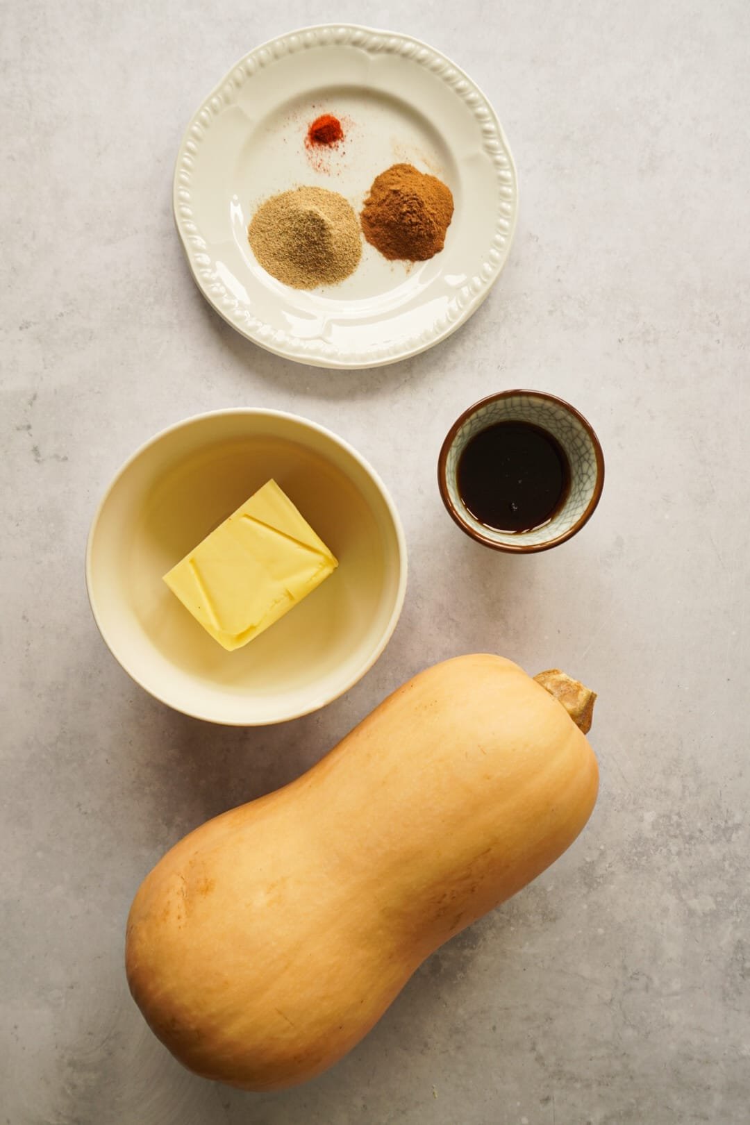 The ingredients you need to make your Saffron, Butter and Maple Syrup glazed Hassle back Butternut Squash.