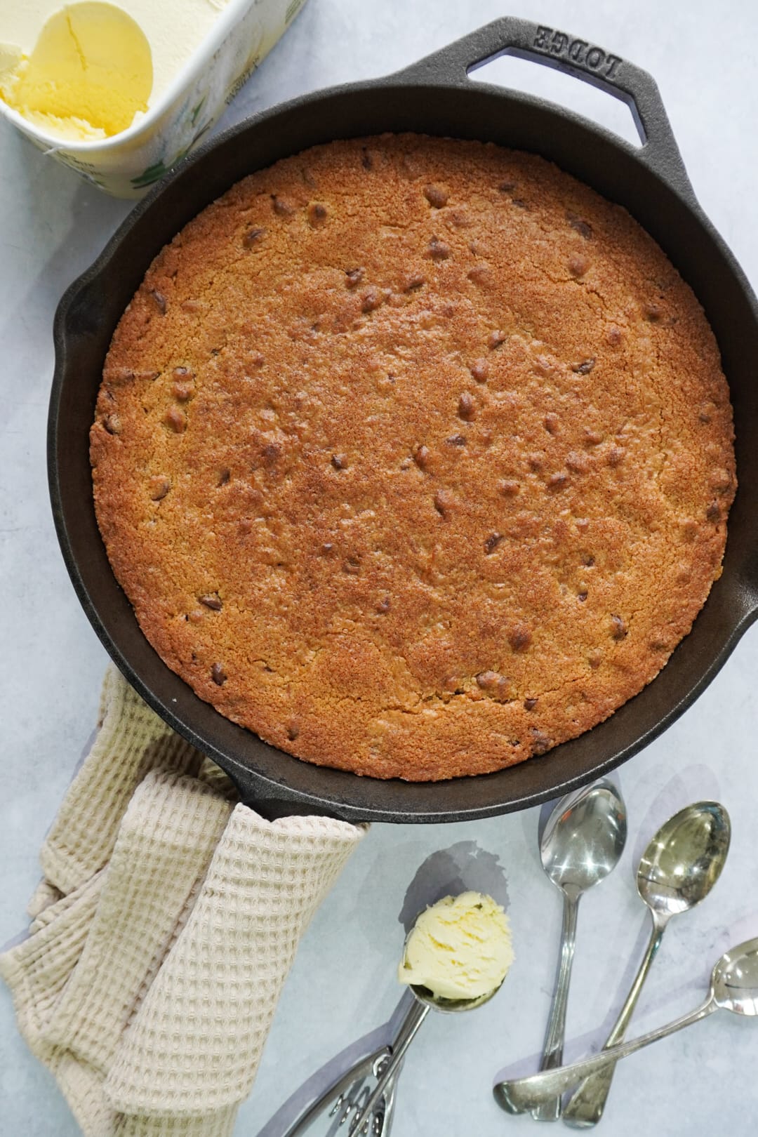 Crispy on the edges, soft in the center skillet cookie