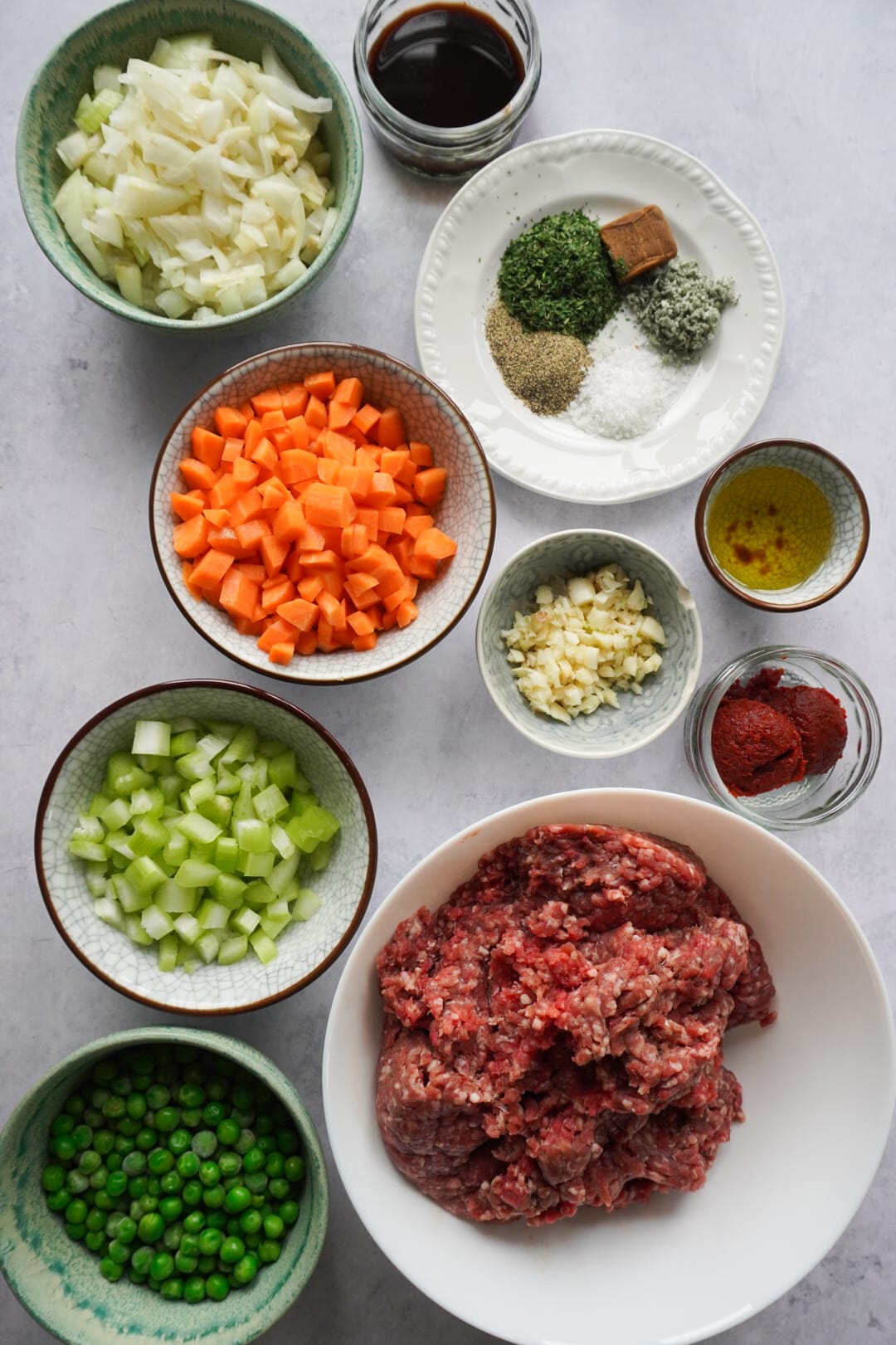 Ingredients needed to make the mixture for a Classic English Shepherds Pie