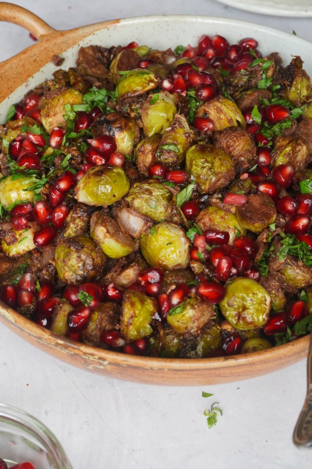 Mouthwatering roasted brussels sprouts garnished and served
