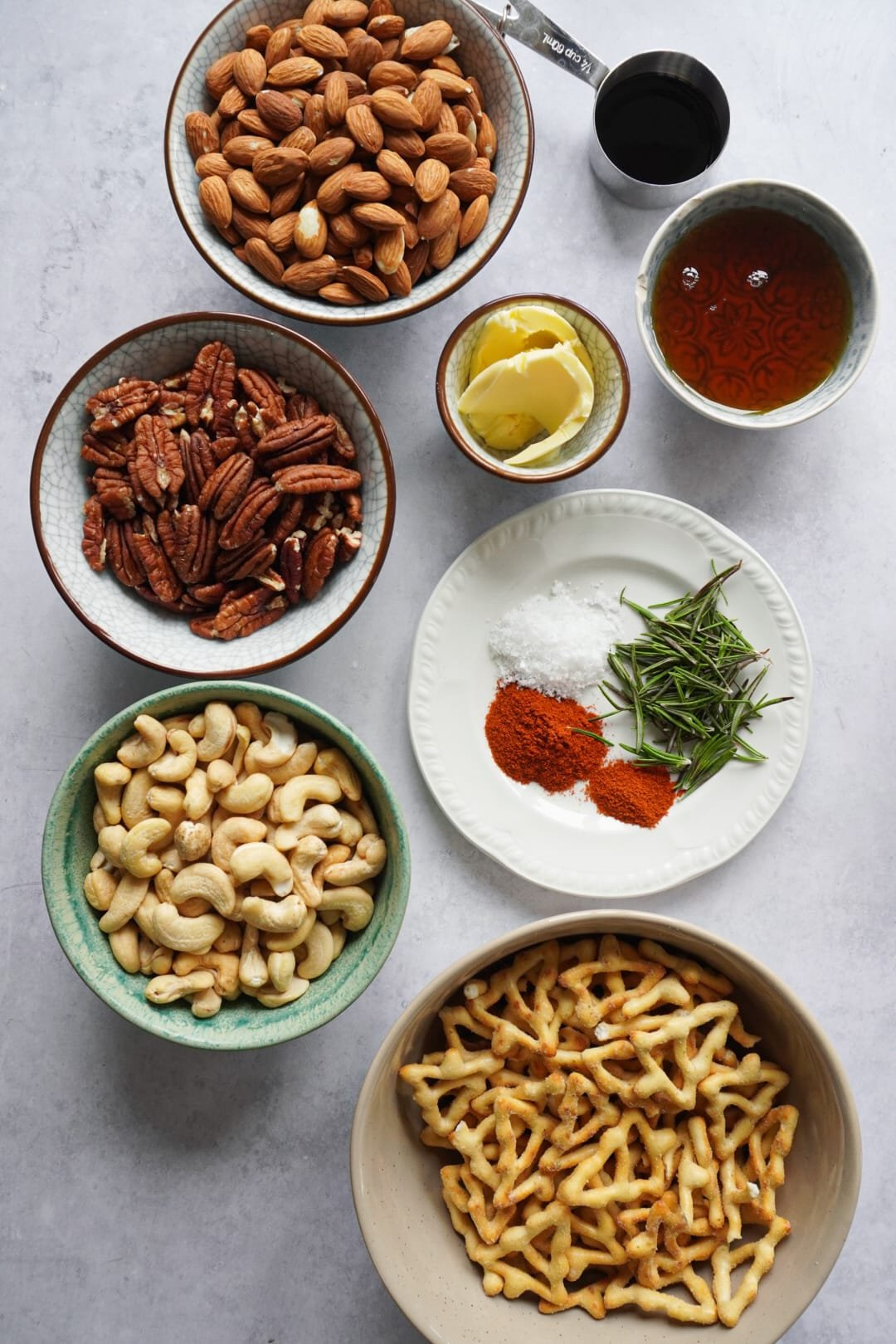 The ingredients you need for Sweet and Savoury Spiced Nuts And Pretzels
