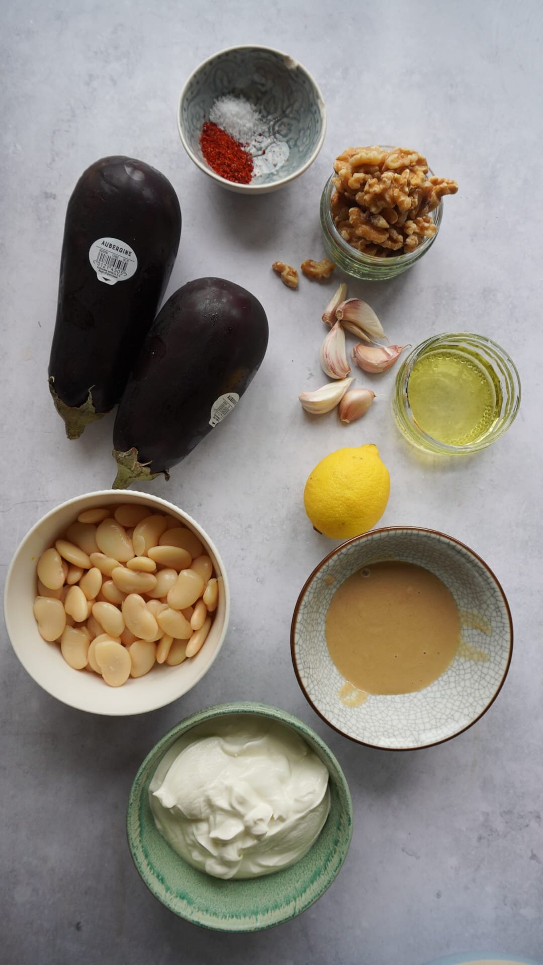Ingredients for Tahini Walnut Aubergine Dip with Crispy Butter Beans