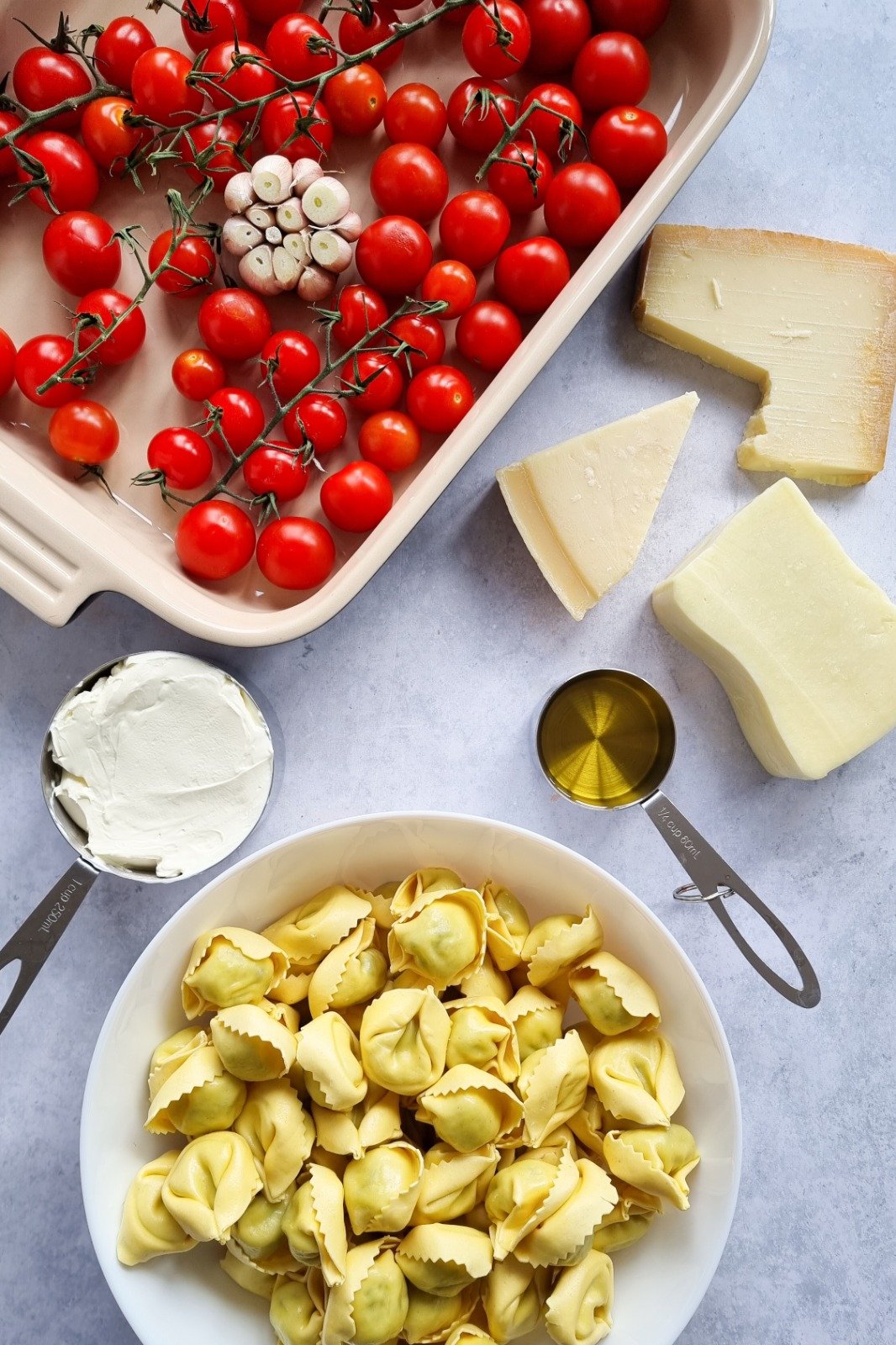Ingredients needed for Creamy Tomato Garlic Tortellini Bake