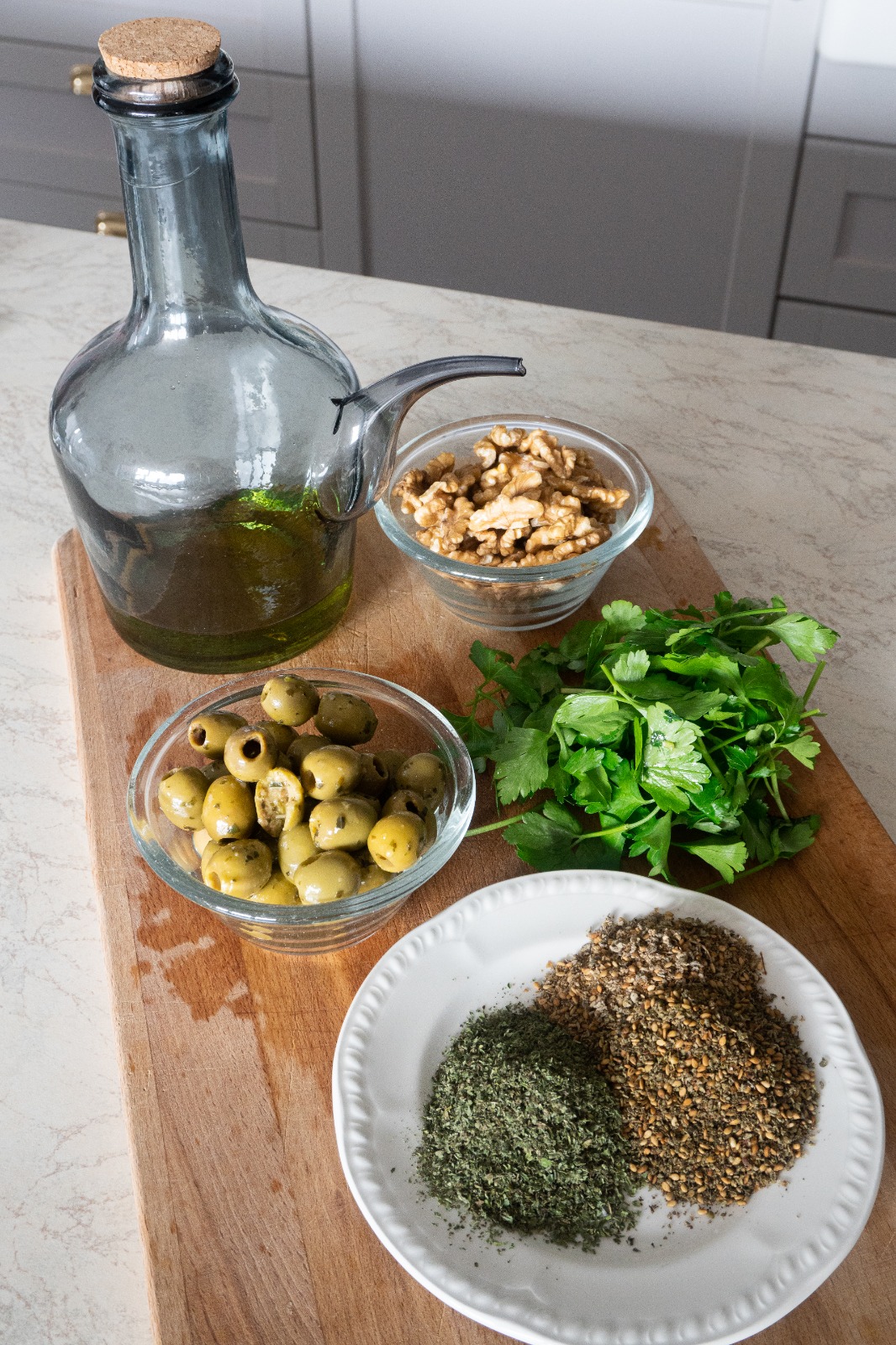 Ingredients needed for Zaatar Olive Walnut bread Dipping Oil