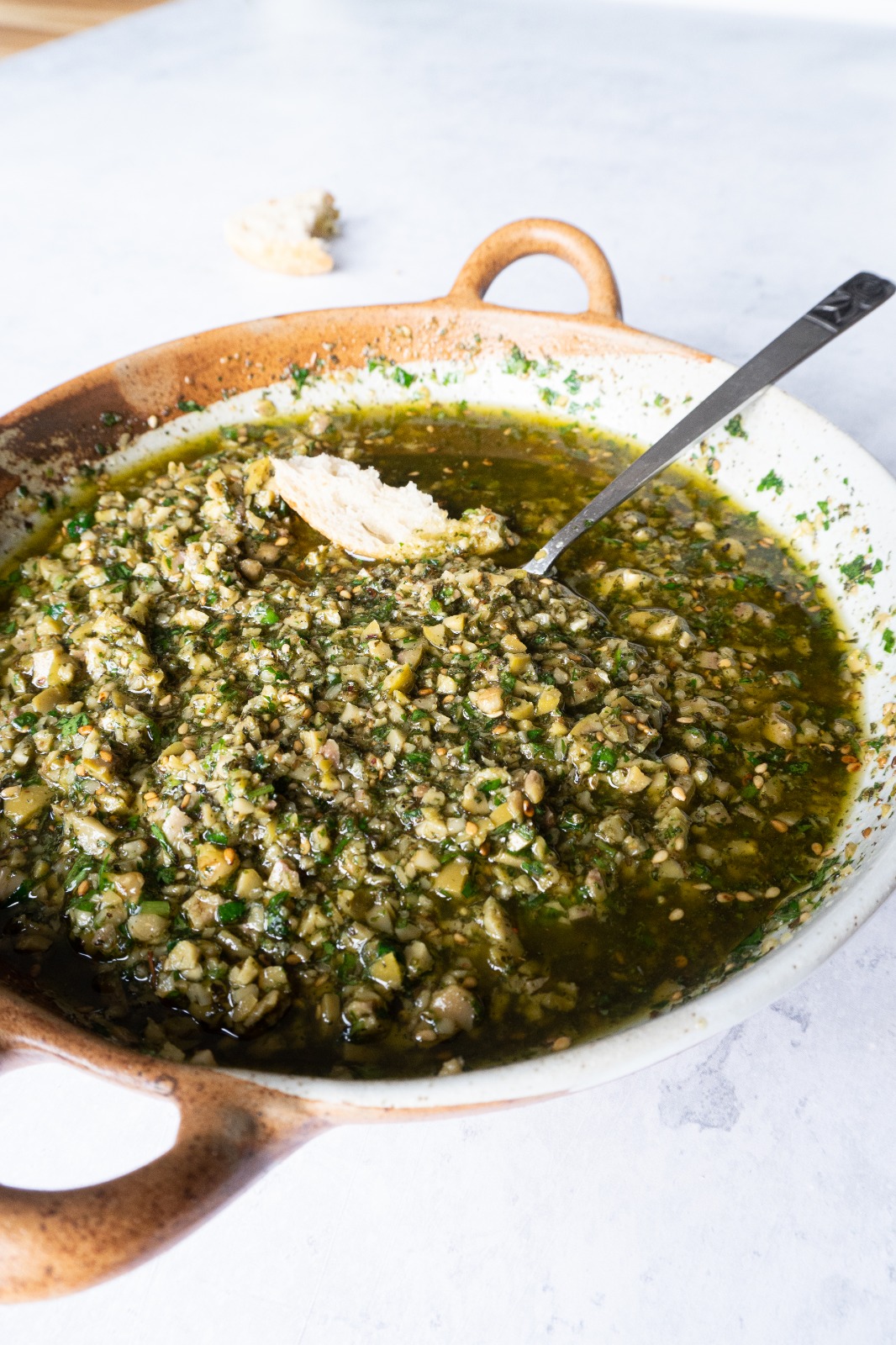 Tasty and so satisfying Zaatar Olive Walnut bread Dipping Oil for your crunchy bread pieces