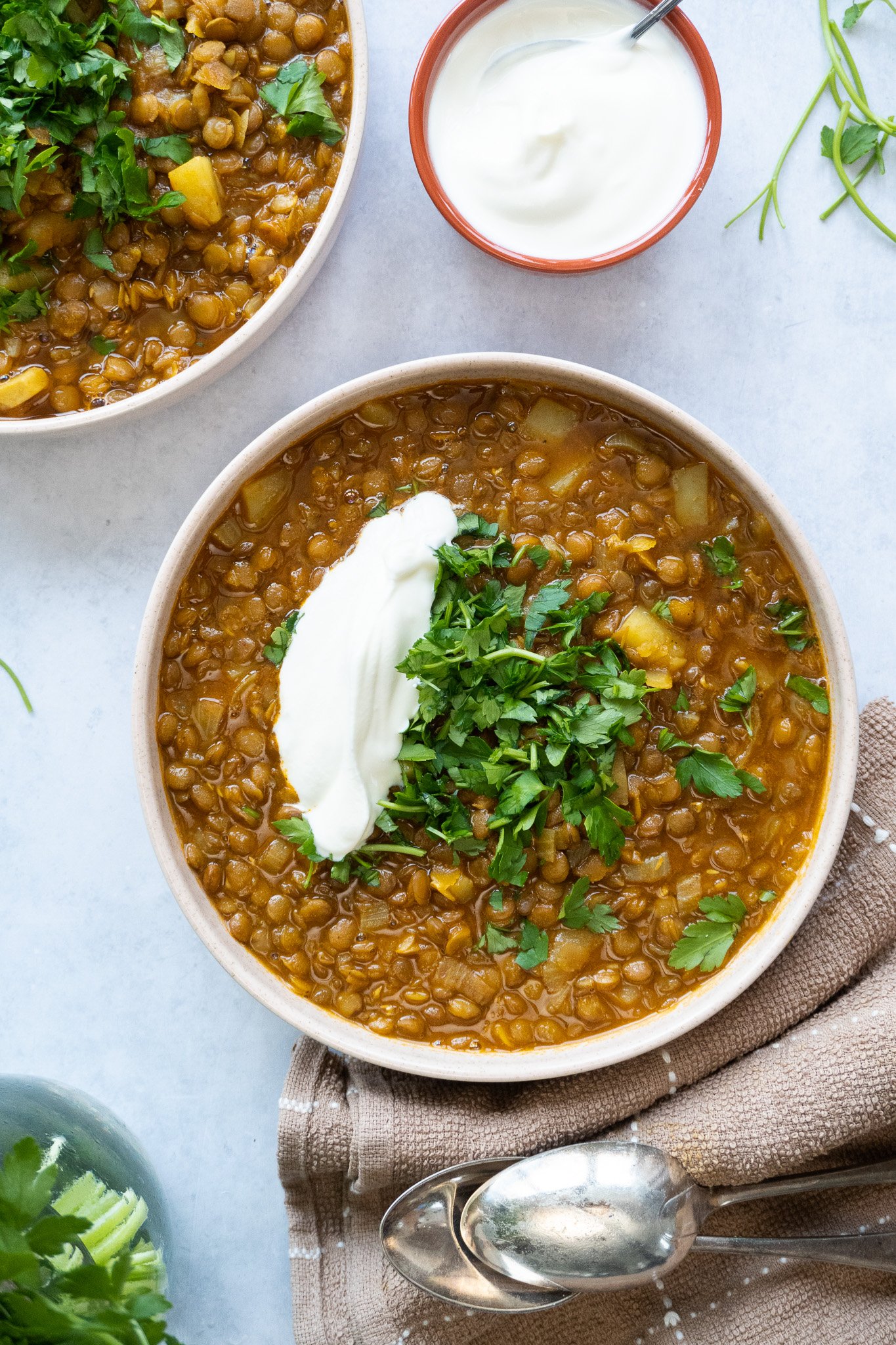 an aromatic bowl of Adasi Persian Lentil Soup, filled with tender lentils, chunks of potato, and infused with the warm flavors of cumin and coriander
