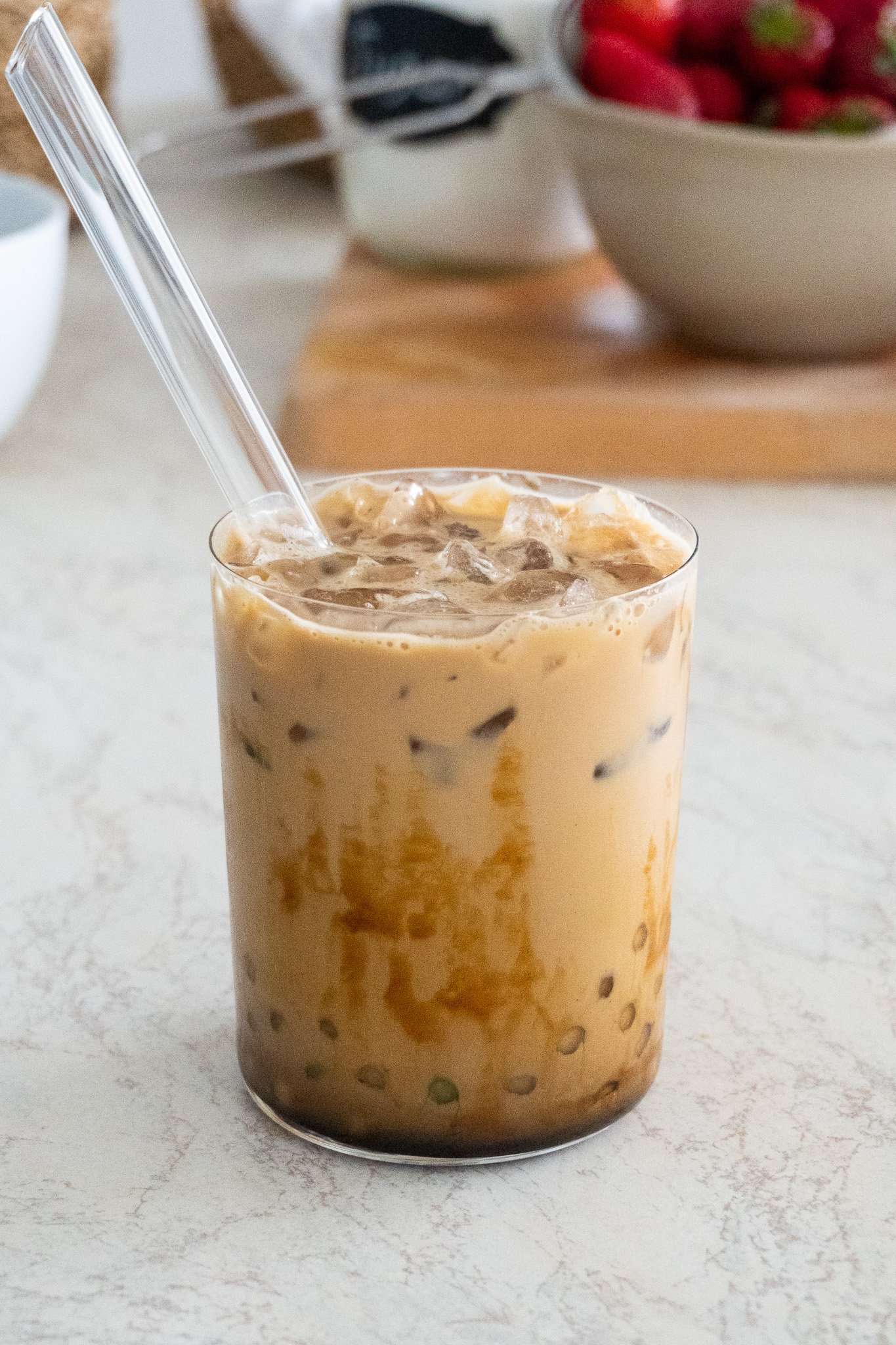 Coffee Boba with a shot of coffee, tapioca pearls, brown sugar syrup, milk, and crushed ice, 