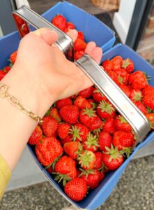 baskets of strawberries picked from a farm for this strawberry jam 