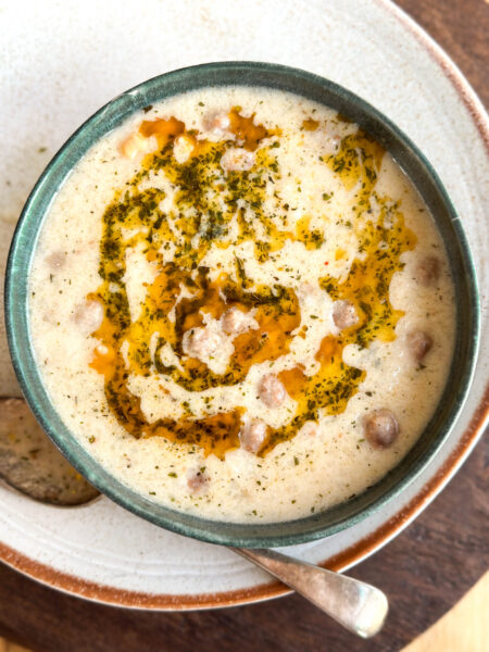 Lebeniye Soup – The Best Turkish Meatball and Yoghurt Soup, showing creamy broth, golden meatballs, and chickpeas.