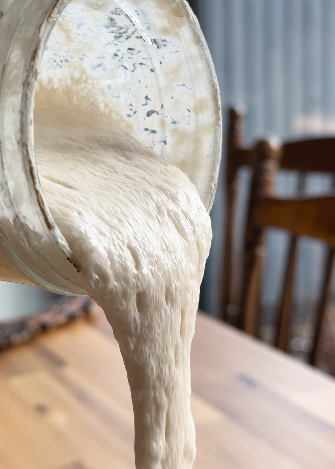 A bubbly, active sourdough starter in a glass jar, full of life and promise, its surface dancing with airy bubbles — the humble beginning of every perfect loaf.